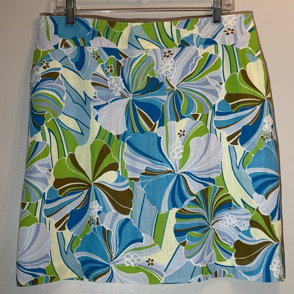 Mantles Petite Blue, Green And Cream Floral Pattern Linen Skirt Size 12p